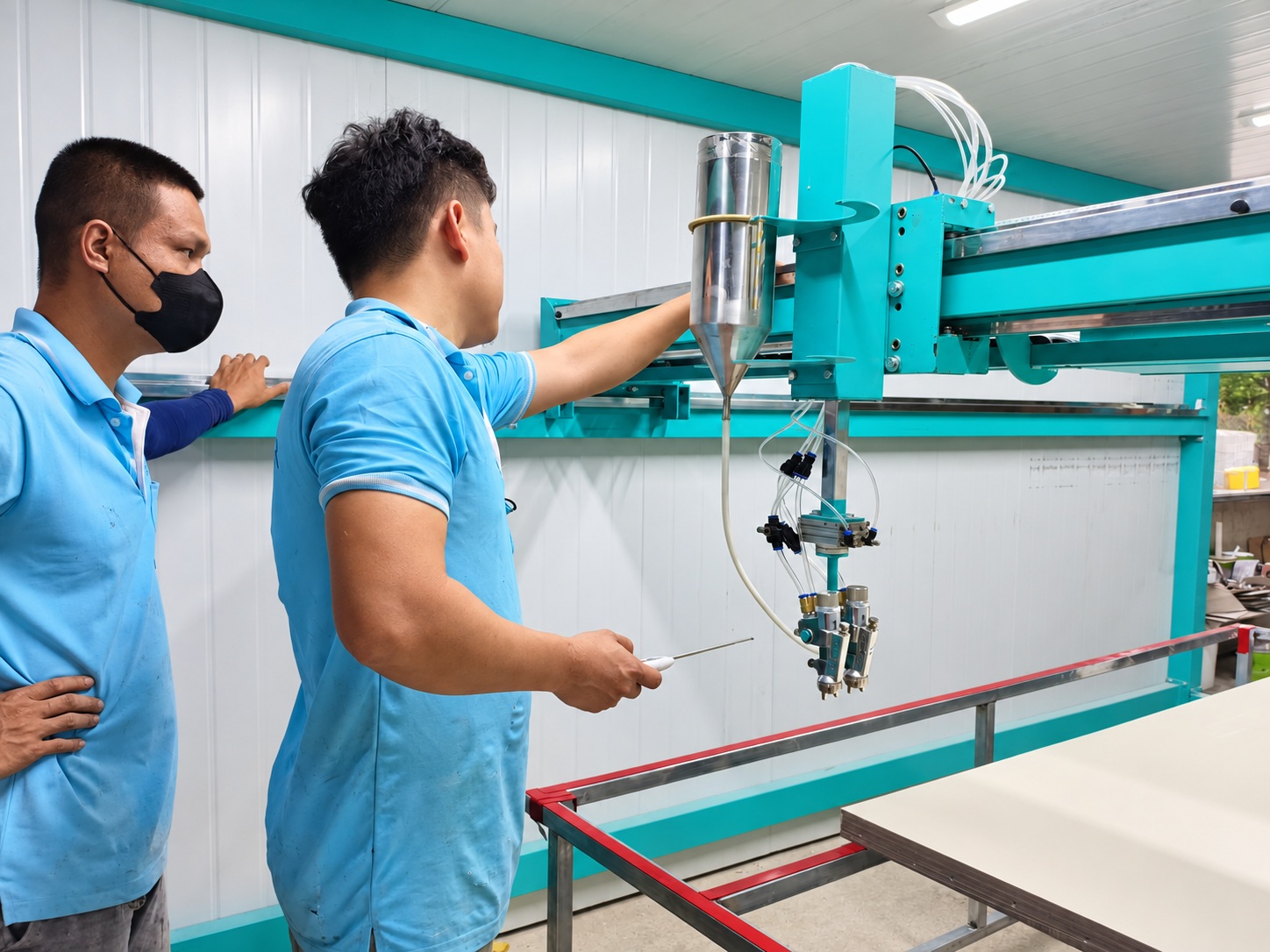 Kỹ thuật viên căn chỉnh cụm súng phun sơn tự động và bình chứa sơn tại xưởng Sumko Door