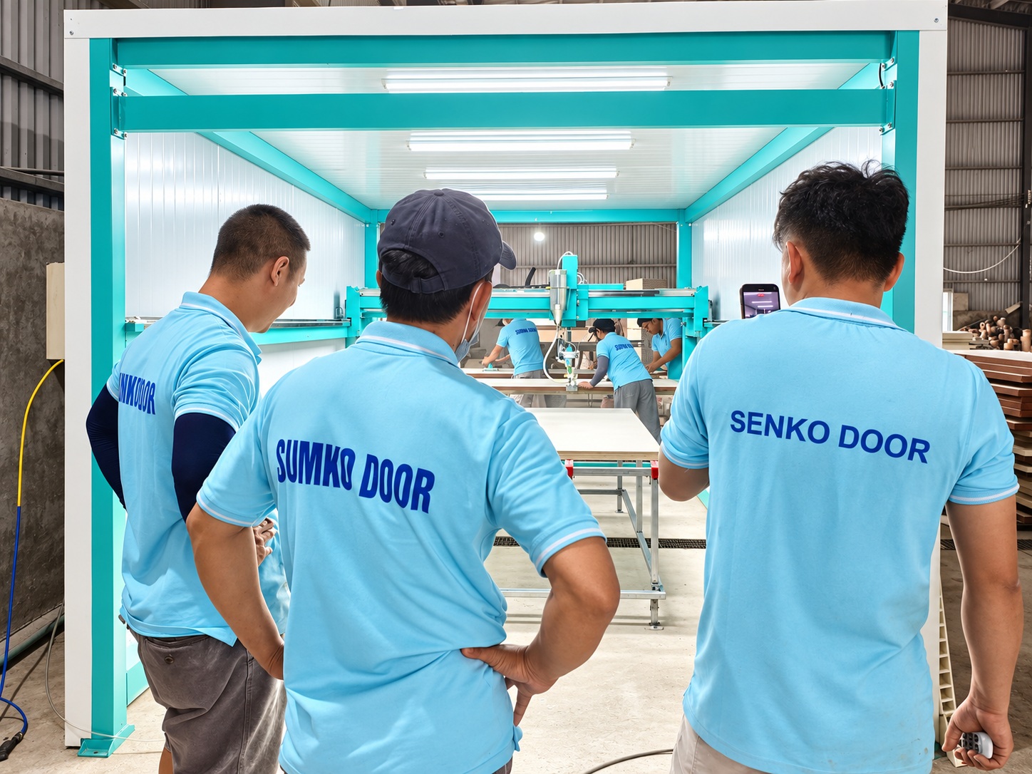 Đội ngũ Sumko Door theo dõi máy phun sơn tự động vận hành trong buồng phun