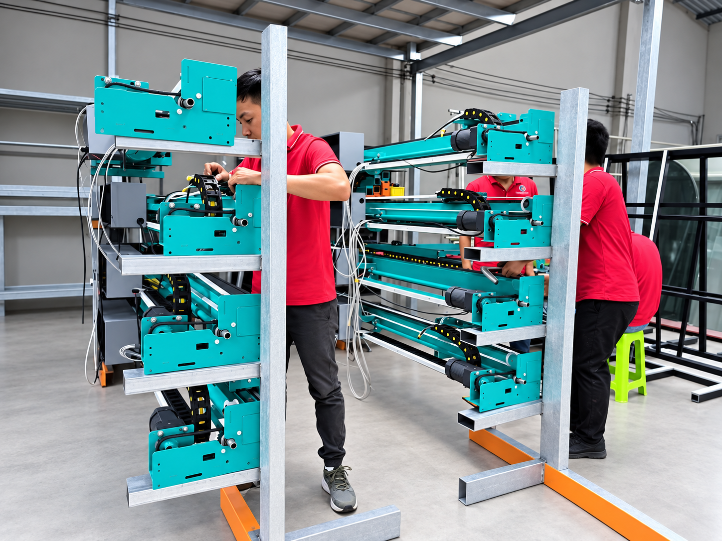 Đội ngũ kỹ thuật lắp ráp khung máy phun sơn tự động tại xưởng sản xuất