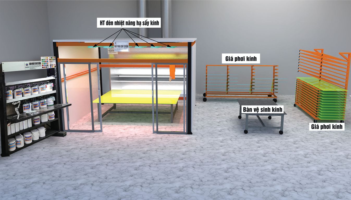Phối cảnh khu vực sơn kính gồm máy, kệ sơn, bàn vệ sinh và các giá phơi kính