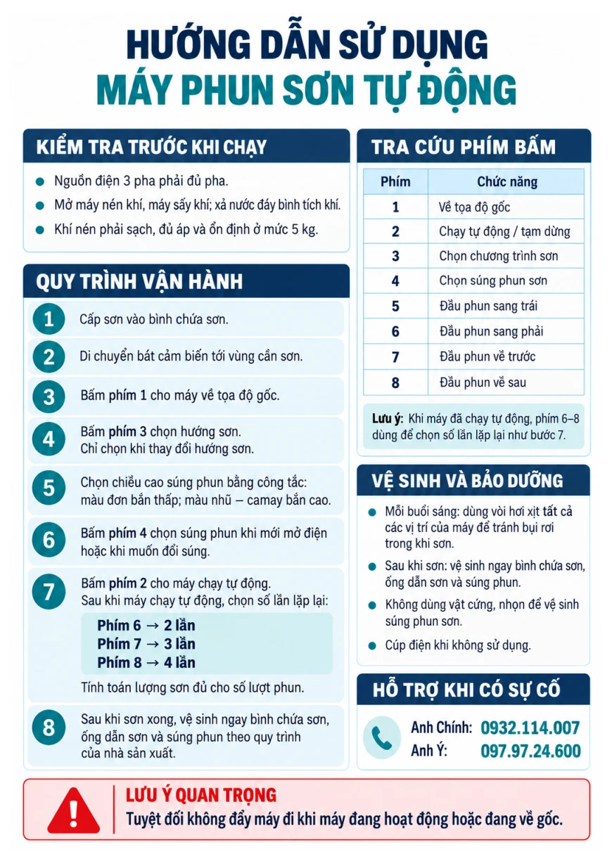Bảng hướng dẫn sử dụng máy phun sơn tự động trên kính: kiểm tra trước khi chạy, quy trình vận hành, phím bấm và bảo dưỡng